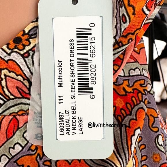 Luli Fama ANDALUZ V Neck Bell Sleeve Short Dress SZ L $145 - Picture 10 of 11